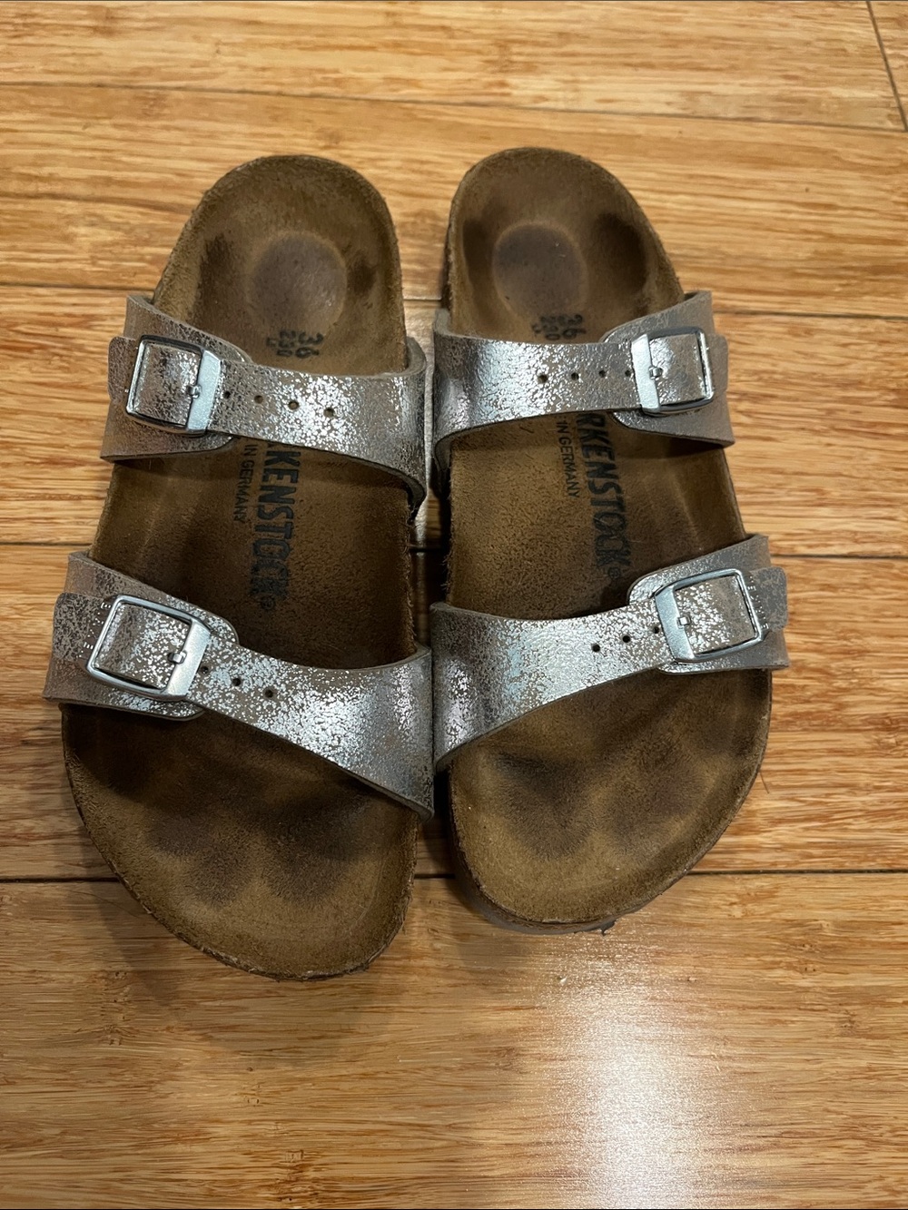 Birkenstock  Metallic Silver Double-Strap Sandals